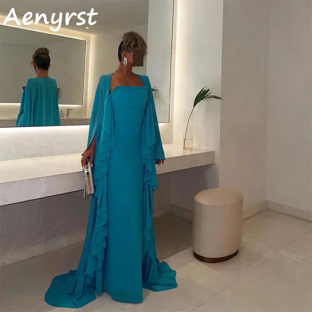Aenyrst Abiti da sera a maniche lunghe in chiffon blu Abiti da ballo sauditi a pieghe dritti Lunghezza pavimento Abito da cerimonia nuziale personalizzato