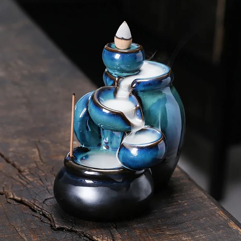 Bruciatore di incenso a riflusso in ceramica a forma di vaso da vino, con cascata blu, porta bastoncini di incenso, ornamento per la casa