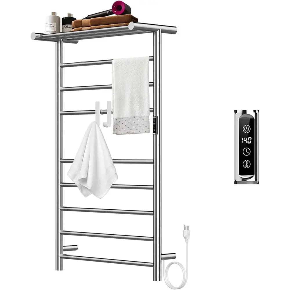 Scaldasalviette Elettrico a 11 Barre con Mensola e Ganci, Montaggio a Parete, Controllo Tempo e Temperatura per Casa e Spa (Argento)