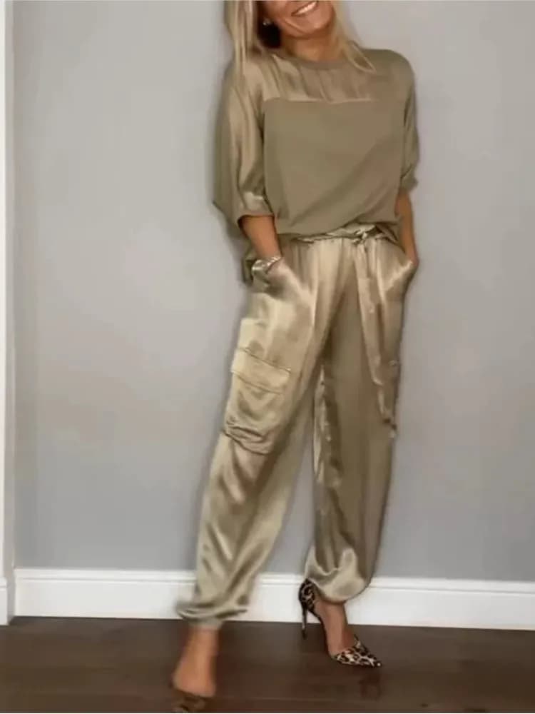 Moda solido raso liscio due pezzi set 2024 primavera estate donna O-collo mezza manica top e pantaloni lunghi abiti casual larghi