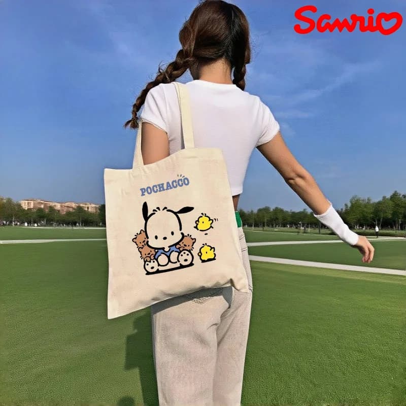Borsa a tracolla in tela con stampa di animali carini Kawaii Pochacco, stampa su entrambi i lati, borsa tote riutilizzabile per la spesa, casual, per studenti