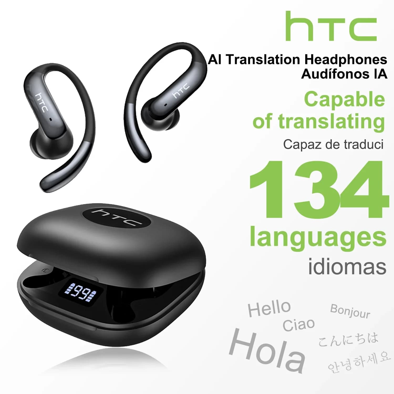 Auricolari Bluetooth V6.0 HTC NE63 Gancio per l'orecchio Cuffie wireless In-EarDesign Auricolari traduttore AI a lunga durata con microfono