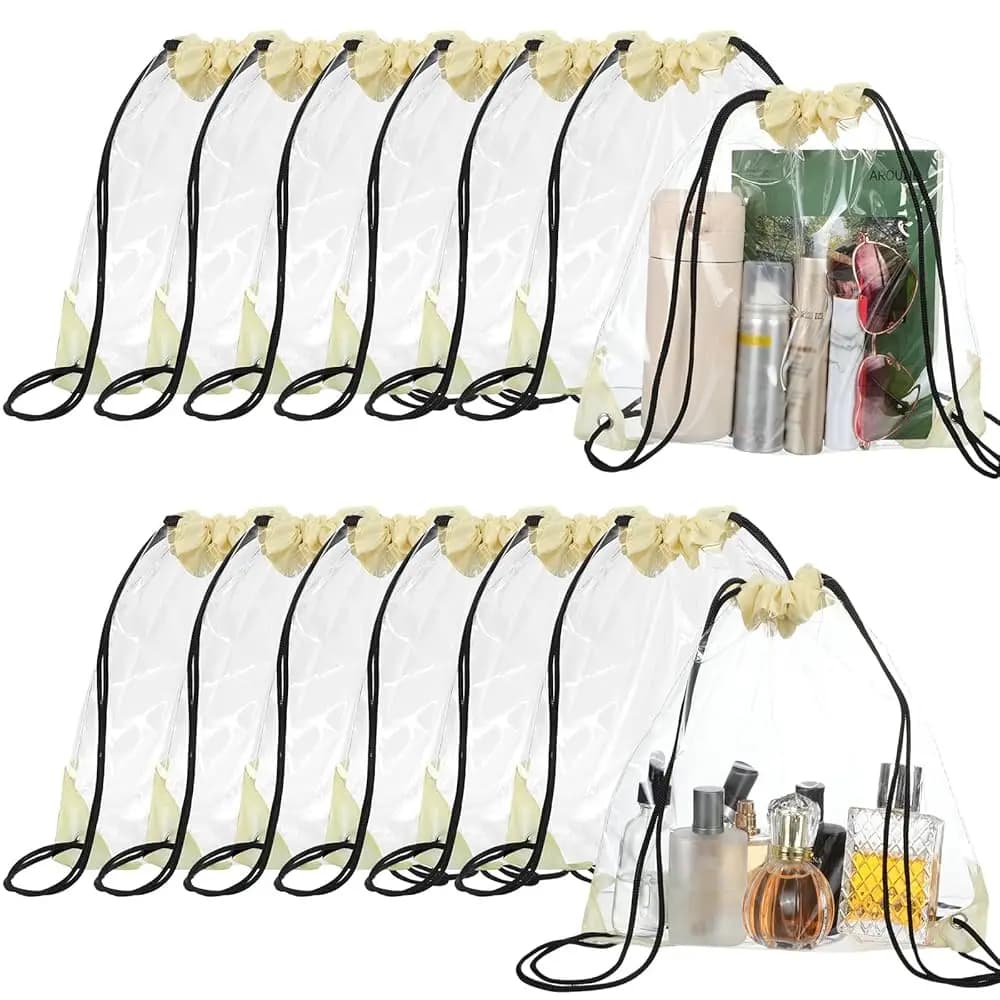 Zaino trasparente con coulisse da 30 pezzi, borse da stadio trasparenti impermeabili in plastica, borsa con coulisse per palestra e viaggi (Beige)