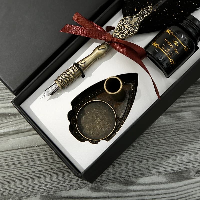 1 Set Retro Classic Texture Practical Calligraphy Feather Dip Pen No Ink Quill Fountain Writing Portable Wedding Gifts Box