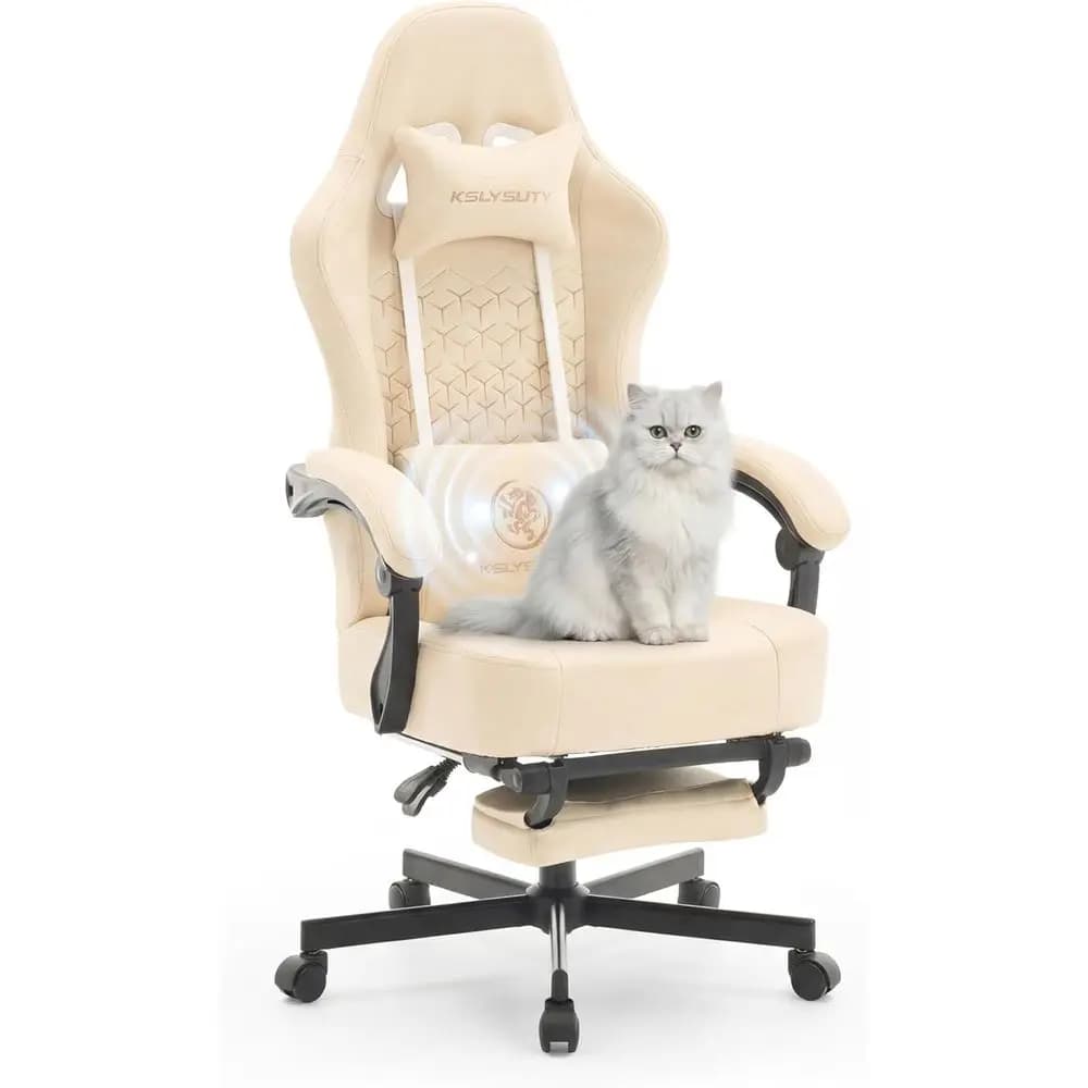 Sedia da Gaming in Pelle Traspirante con Cuscino a Molla, Ampia Sedia Ergonomica da Ufficio con Poggiapiedi per Adulti e Adolescenti (Beige)