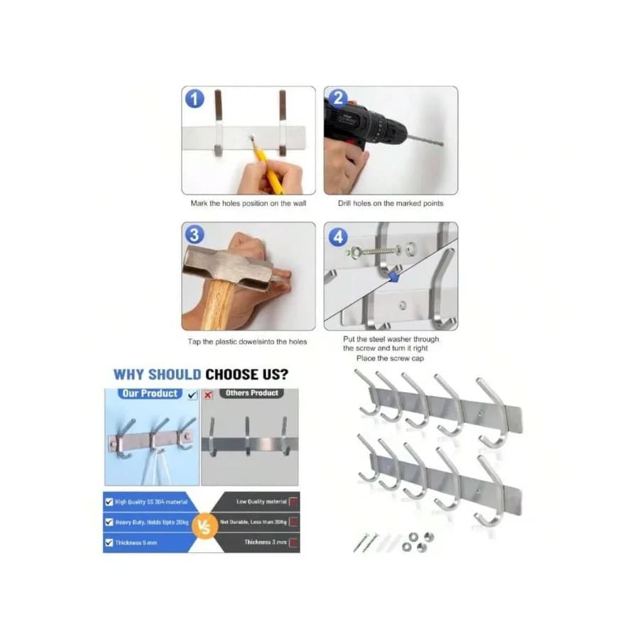 Appendiabiti da Parete - Acciaio Inossidabile, Confezione da 2 - Ganci Robusti per Cappelli, Asciugamani, Accappatoi, Vestiti - Appendiabiti da Bagno, Ingresso, Argento