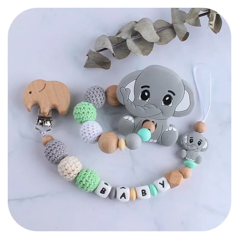 Nome personalizzato Clip per ciuccio per bambini Cartone animato Accessori per succhietto per bambini Elefante Clip fittizia personalizzata Regalo per doccia per massaggiagengive per neonato