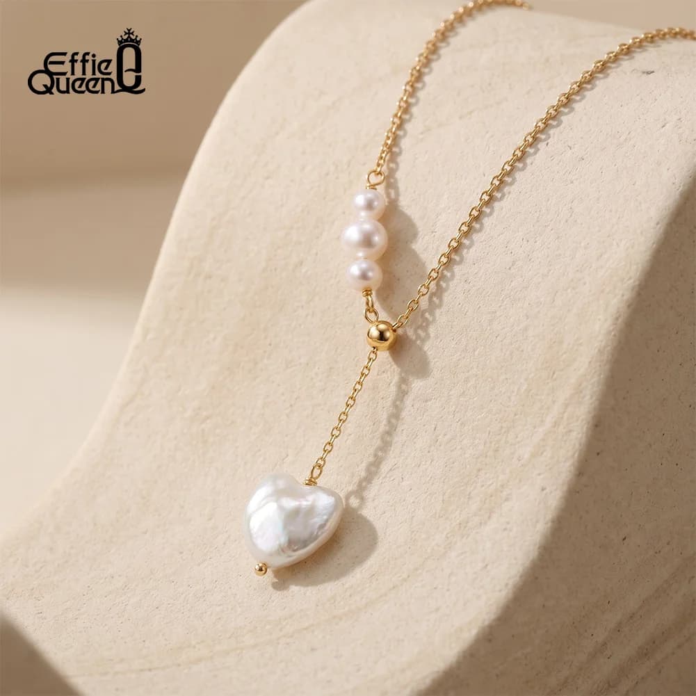 EFFIE QUEEN 925 Sterling Silver Heart-shaped Pendant Y Necklace for Women Natural Pearls Beaded Chain Party Neck Jewelry GPN116