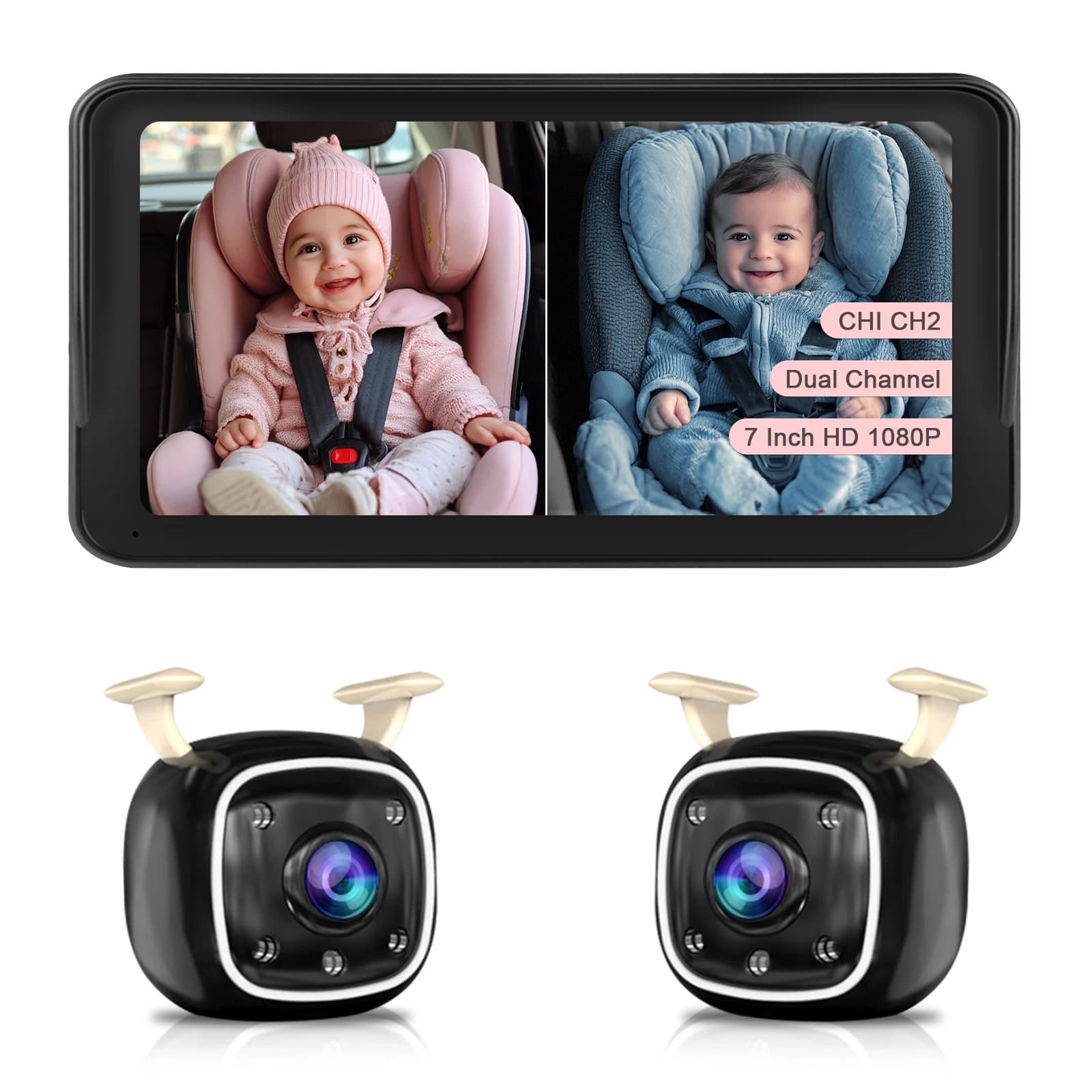 Telecamera per Auto con Schermo IPS da 7 Pollici 1080P a Doppio Canale, Visione Notturna, Monitor Retrovisore per Bambini e Animali Domestici 12V-24V
