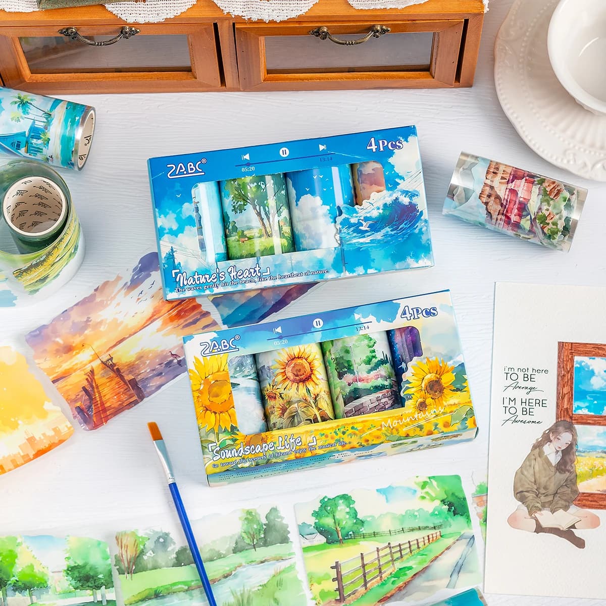 4 Rolls Transparent PET Tape Set,Nature Landscape Scenic Design,DIY Scrapbooking Journaling Supplies,Decorative Craft Tape Gift