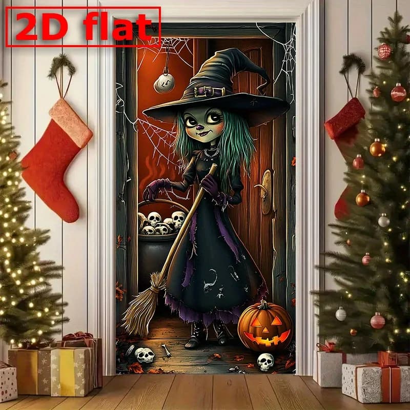 【2D flat banner】 Halloween Happy Door Banner Door Curtain Decoration - Polyester - Horrible Halloween Evil Witch Photography