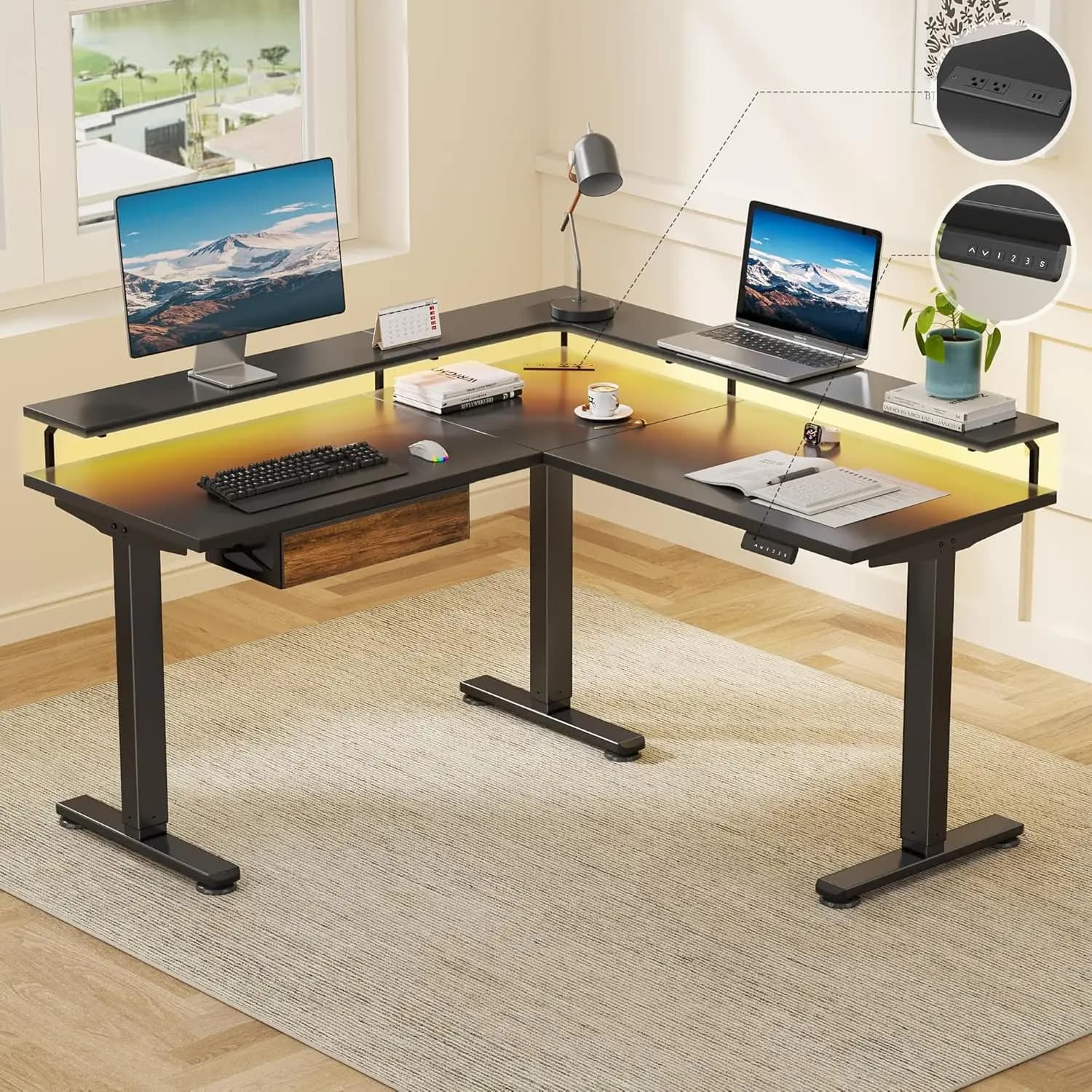 L Adjustable Electric Desk with Monitor Support, Drawers, LED socket, Corner 59''' Gaming Table, Customizable