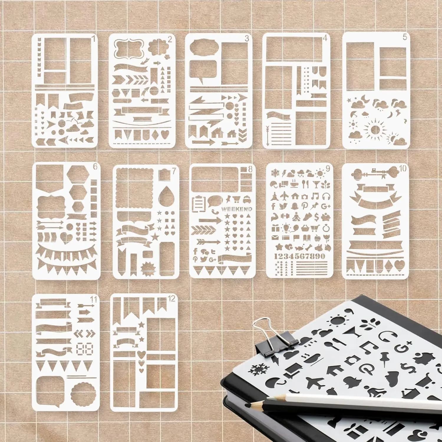 Set di 12 Modelli Flessibili per Registrazioni, Stencil Riutilizzabili per Planner, Strumenti di Disegno per Diari, Creazione Calendari, Tracciamento Linee