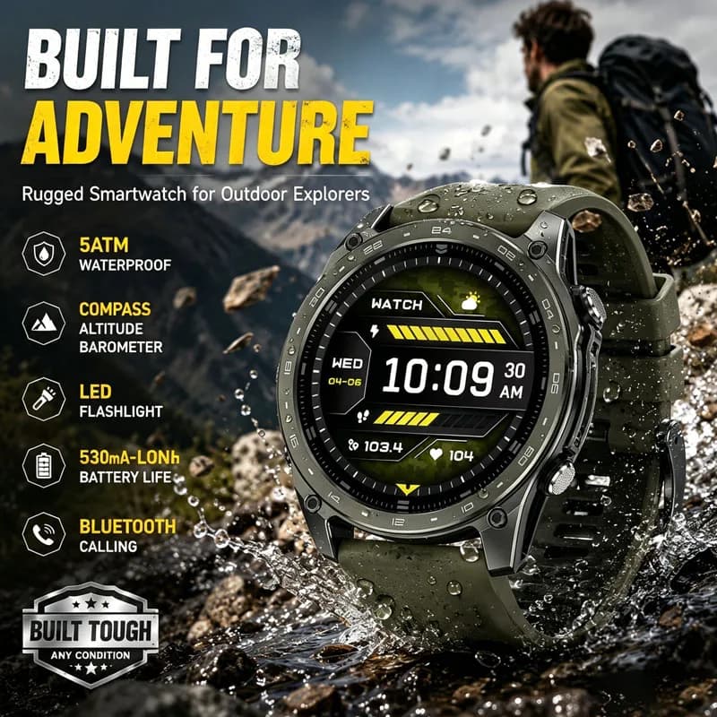 Smartwatch Uomo 2026 T8 Pro con Schermo HD da 1,43 Pollici, Chiamate BT, Torcia LED, Bussola, Batteria Grande da 530mAh, Fitness Tracker