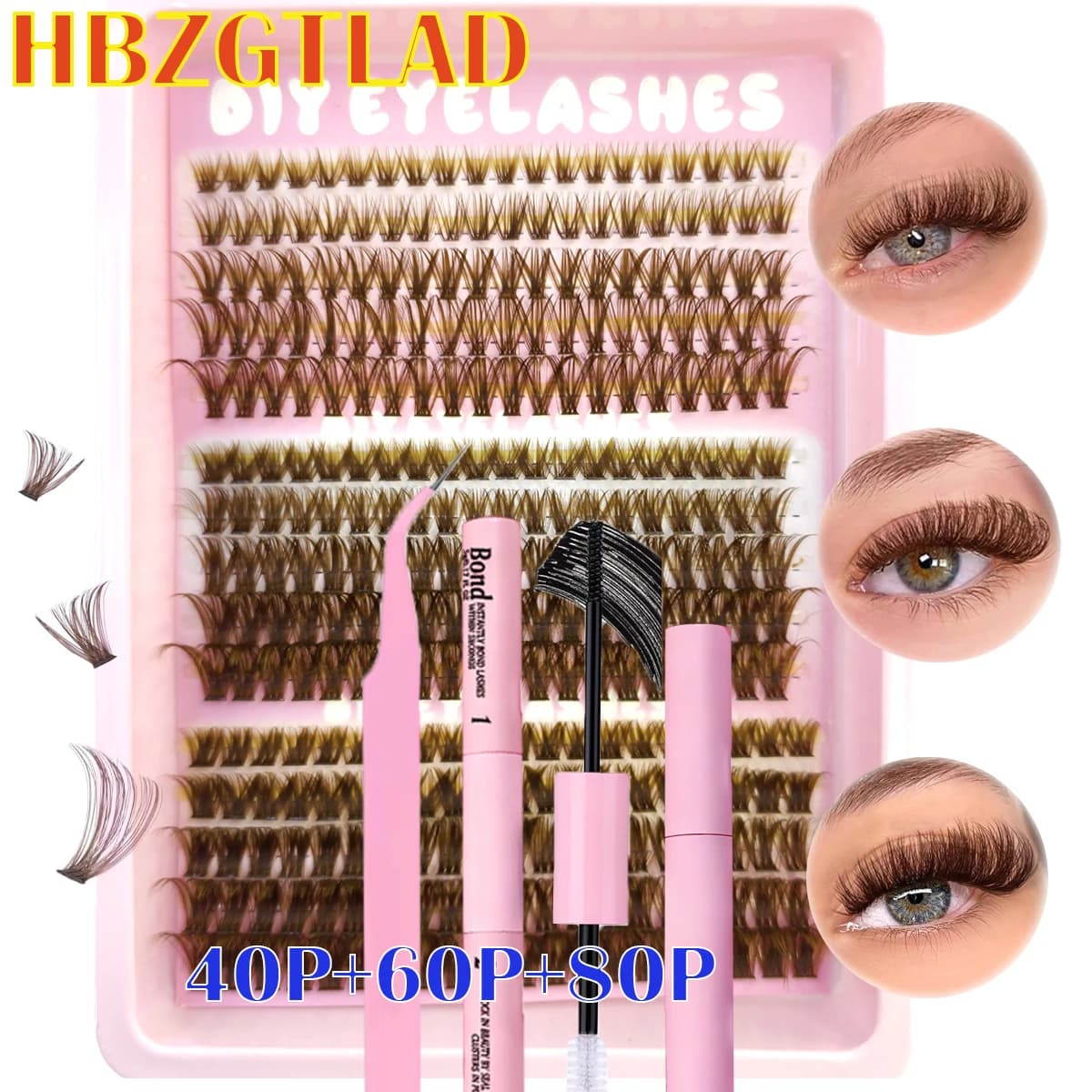 HBZGTLAD Spikes 40P-120P Cluster per ciglia marroni naturalmente 240 cluster faux cils Set per ciglia finte fai da te pinzette per colla
