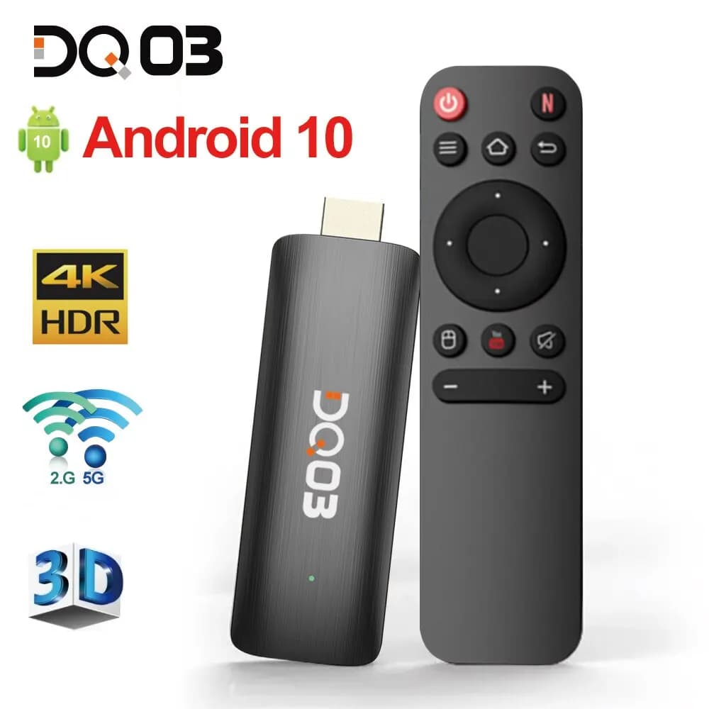 DQ03 Mini TV Stick Android 10 Quad Core ARM Cortex A53 2GB 16GB support 4K H.265 2.4G and 5.8G Wifi Streaming Smart TV Box 1GB 8GB