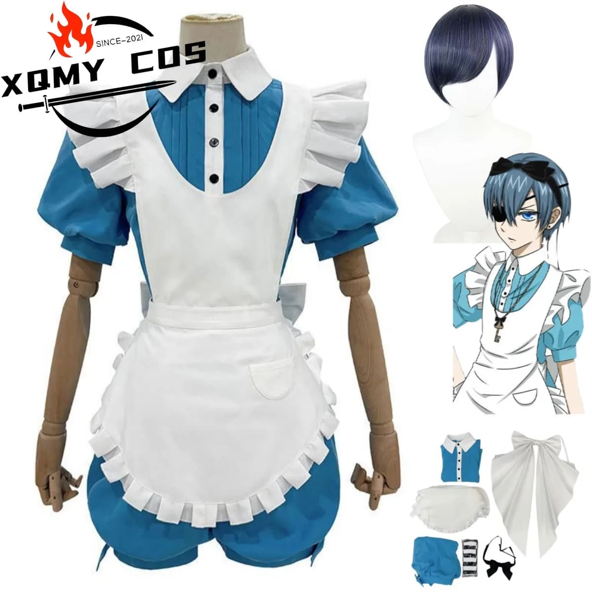 XqAnime Ciel Phantomhive Smile Cosplay Costume Kuroshitsuji Alice Cameriera Apron Dress Wig Woman Cute Christmas Dress
