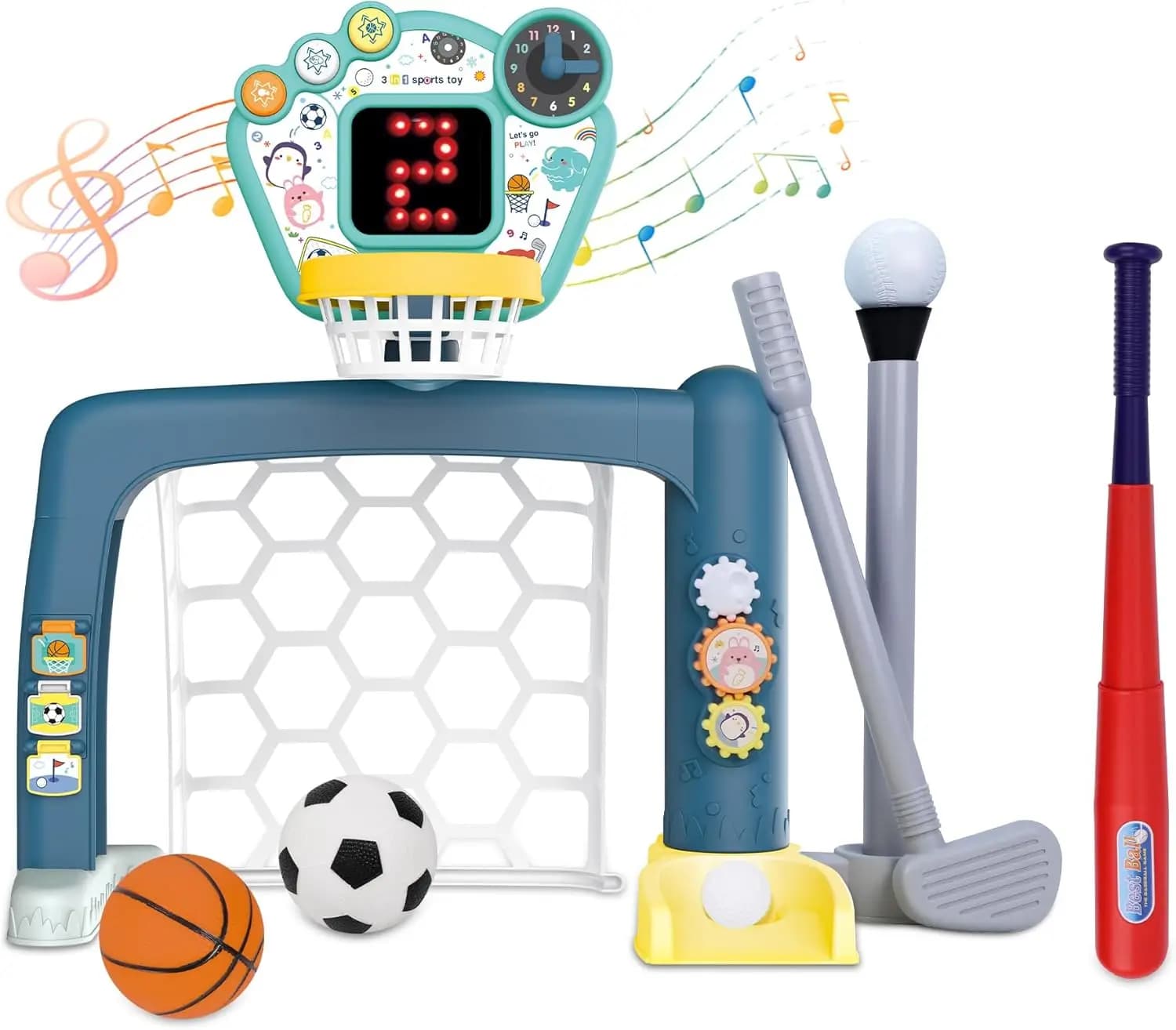 Centro Attività 4-in-1 Regolabile per Bambini 1-3 Anni: Basket, Calcio, Golf, Baseball, con Tabellone Segnapunti LED, per Interni ed Esterni