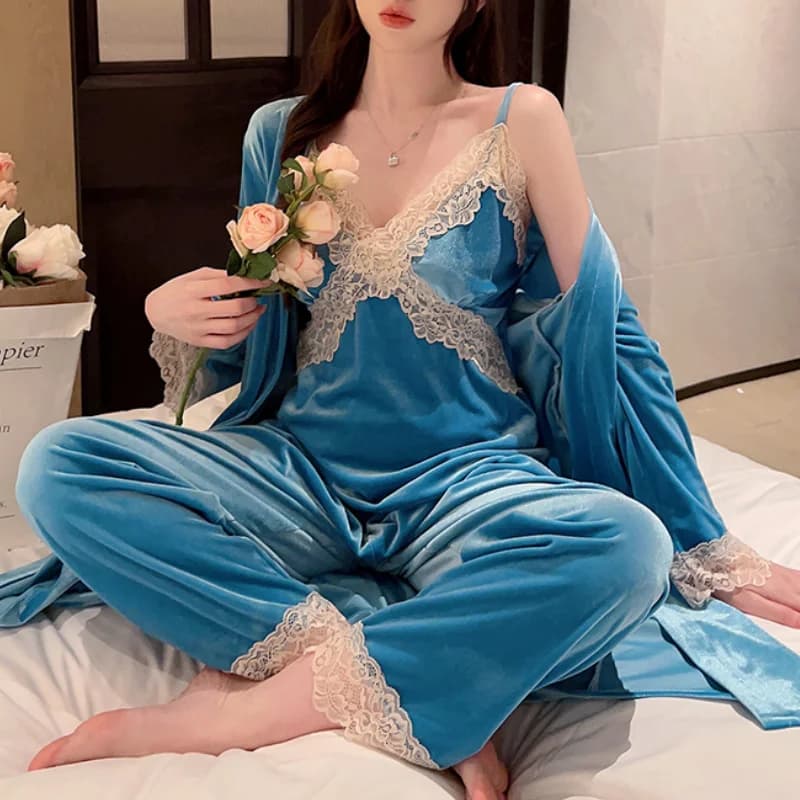 New Autumn Winter Velvet 3 Piece Pajamas Set Sexy Lace Trim Women's Knee bathrobe loose dress Casual pajamas dress Homewear