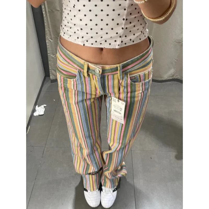Jeans American Vibe a vita bassa con strisce a contrasto da donna, comodi e snellenti, a gamba larga dritta, in denim, per tutti i giorni 2026