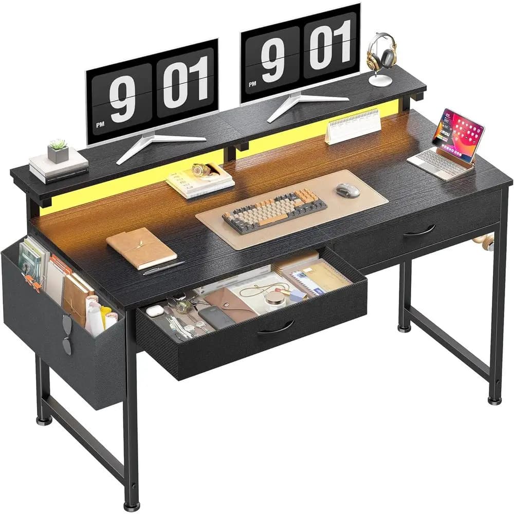 LED-Illuminated 47.3 Gaming Desk with Drawers, Ergonomic Monitor Stand, Anti-Tip Design for Home Office and Study