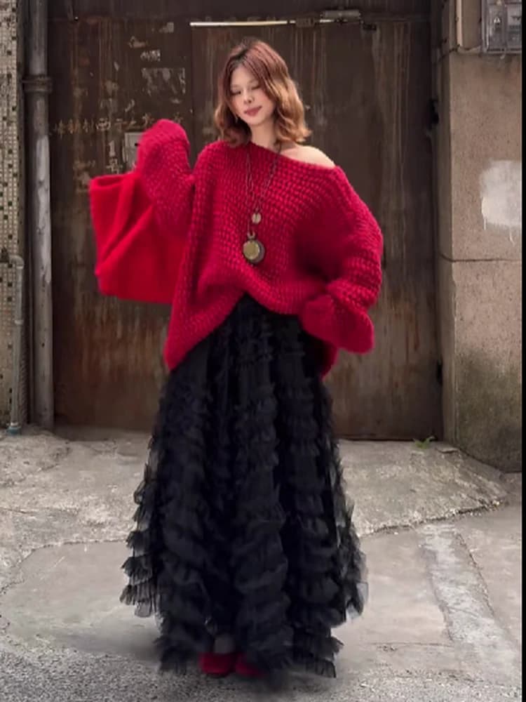 Gonna a rete con ricami elaborati, stile principessa, a vita alta, a trapezio, per donna, primavera autunno
