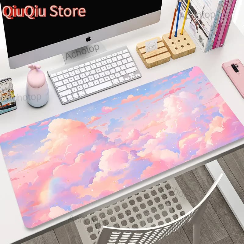 Tappetino per mouse con nuvole rosa Tappetini per mouse per giocatori Tappetino per mouse da gioco grande Tappetino per mouse Kawaii XXL Tappetino per tastiera grande 100x55 cm Tappetino da scrivania per computer