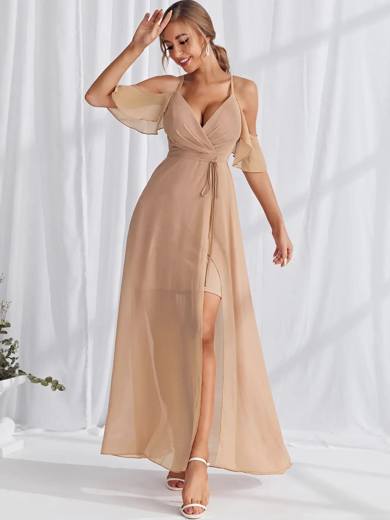 Maxi dance dress with belt and wrapping hem with shoulders