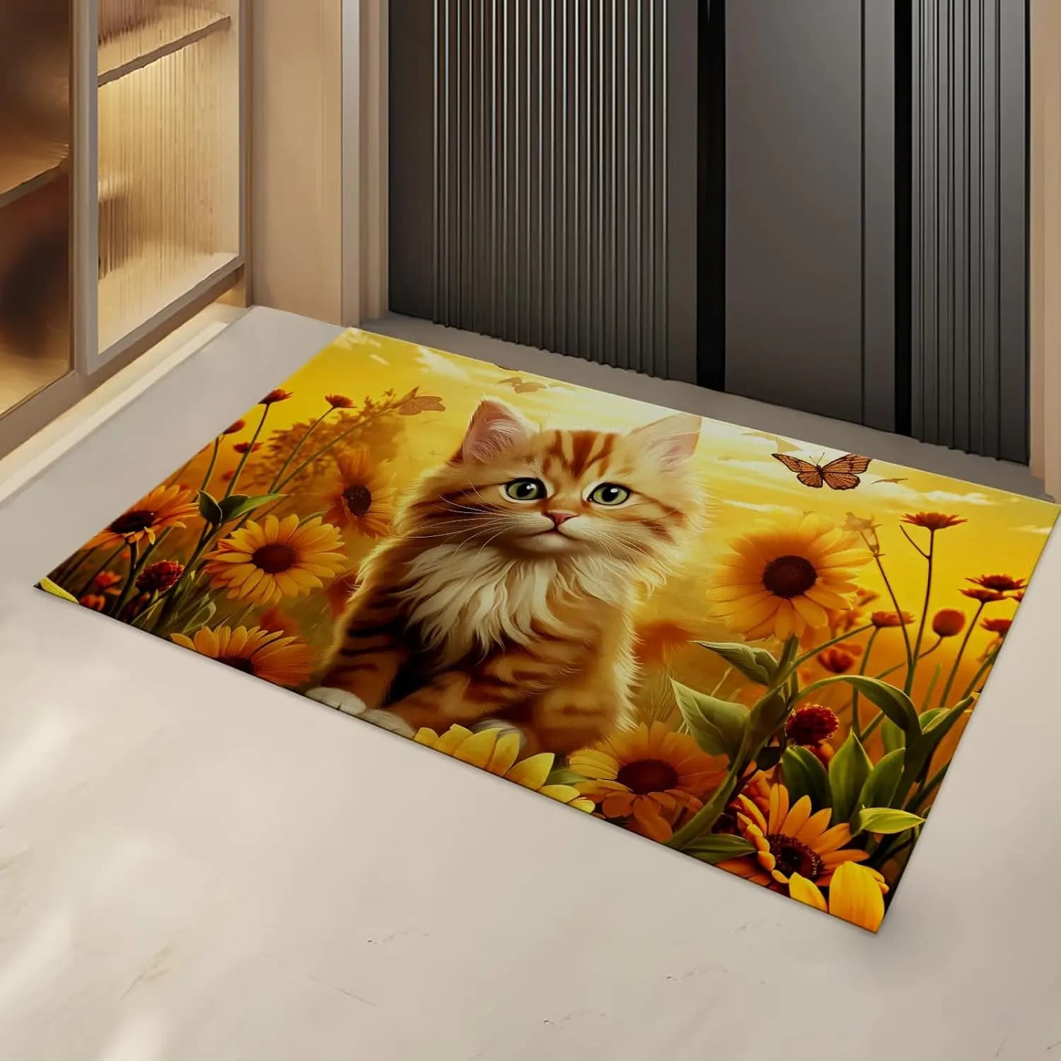 Simpatico gattino nel campo di girasole, regali per zerbino per interni, tappeto per ingresso, soggiorno o bagno, zerbino per gatti antiscivolo