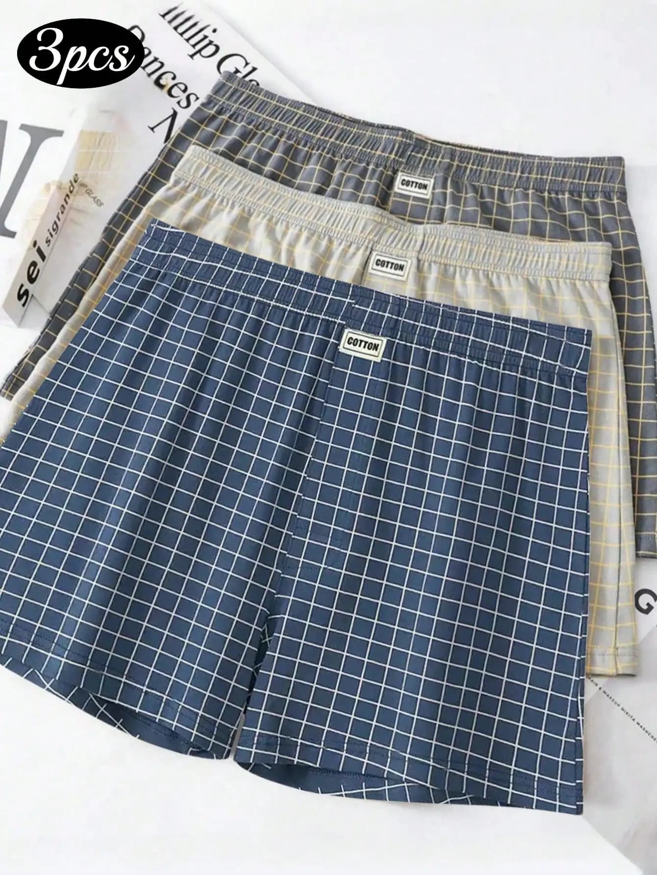 Boxer da uomo in cotone intimo da uomo 3 pezzi, boxer larghi dal design scozzese morbido e confortevole