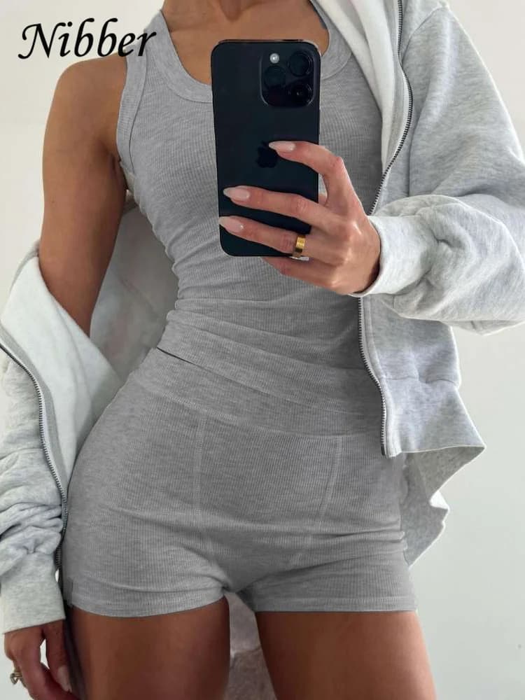 Nibber a costine casual set da 2 pezzi tuta da donna sportiva colletto quadrato canotte + pantaloncini tuta streetwear abiti semplici coordinati