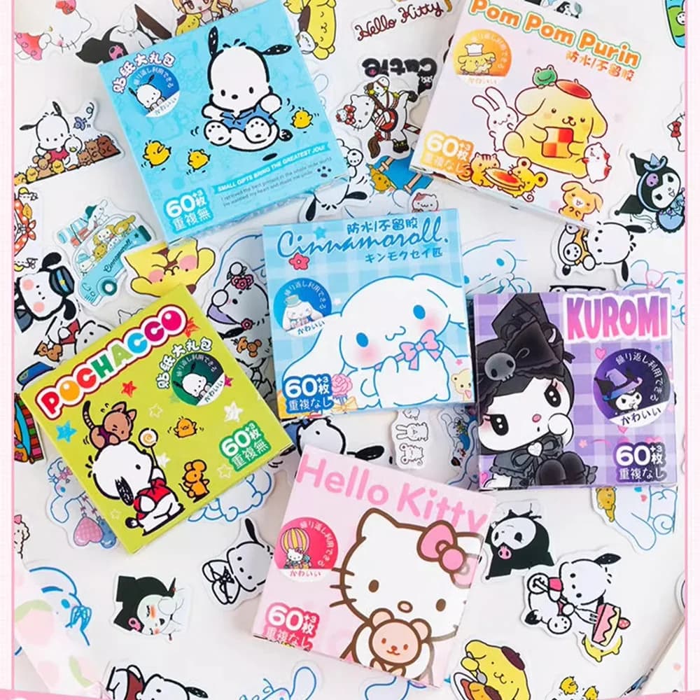 Gift Pack Original Sanrio with 60 Wall decals Waterproof Hello Kitty, PomPomPurin, Hangyodon, Decalcomanie Cartoon for Laptop, Bags and Gifts
