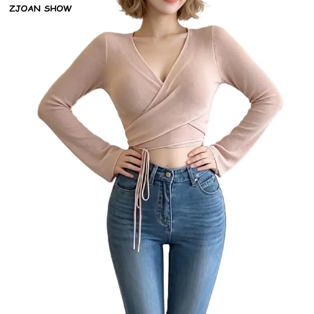 American Retro Women Cross V neck Bow Lacing Up Hem Knitted Wrap Cardigan Long Sleeve Crop Sweater Knitwear 7 Colors