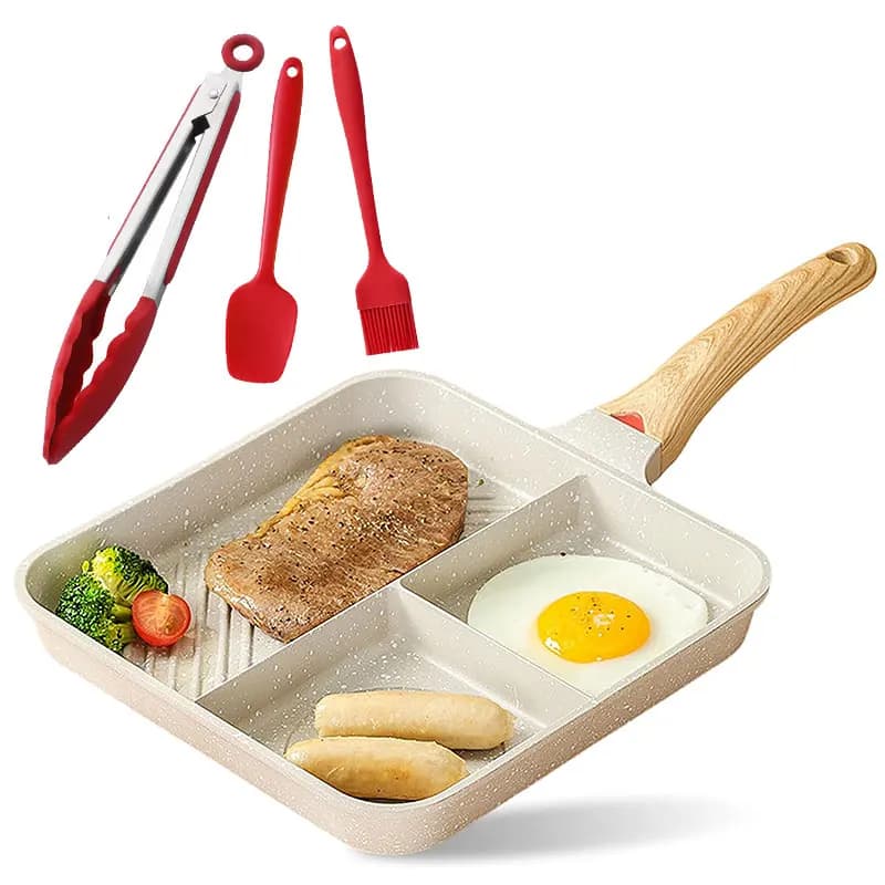 3-in-1 non-stick pan with compartments, large aluminium grid with Bakelite handle, omelet and breakfast