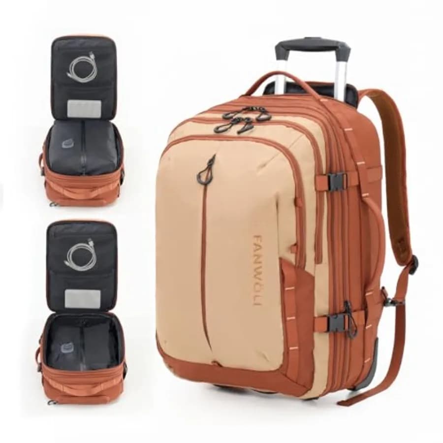 Travel backpack with Wheels and Compression to a Tasto, 55L Expandable, Water Resistant, Black Hand Bag for Open Activities