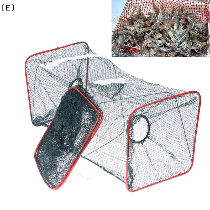 〔E〕Rete da pesca pieghevole portatile, gabbia a rete per pesci, trappola per gamberi in nylon e filo d'acciaio, gabbia a mano per la pesca