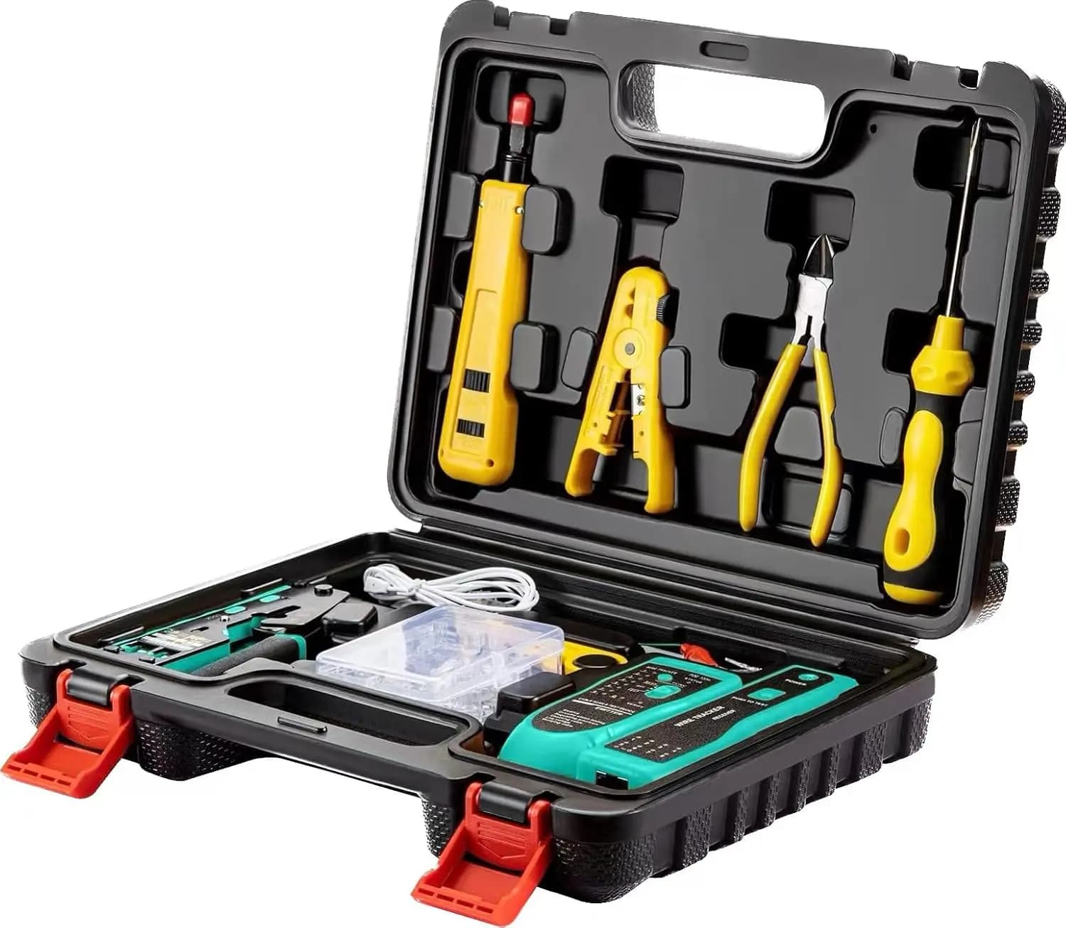Kit di Strumenti per Crimpatura RJ45 con Funzione Pass-Through, Set di Strumenti di Rete per Connettori Cat6 e Cat5e, Include Localizzatore di Cavi e Strumento Punch-Down