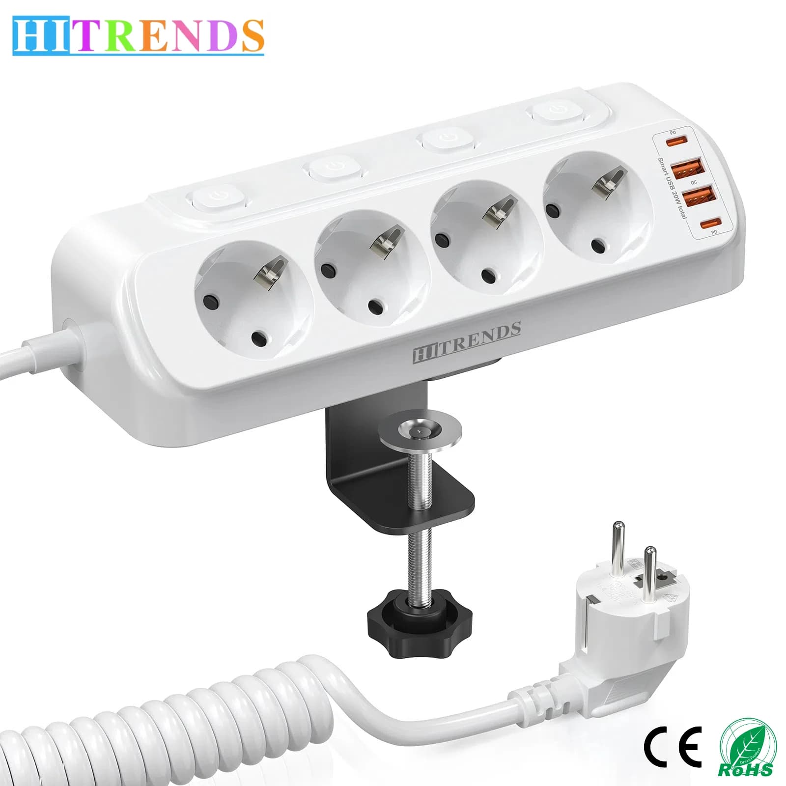 EU Plug Multifunction Power Card 2 USB ports and 2 Type-C 2 m spring extension cable 4 switches with table mounting bracket