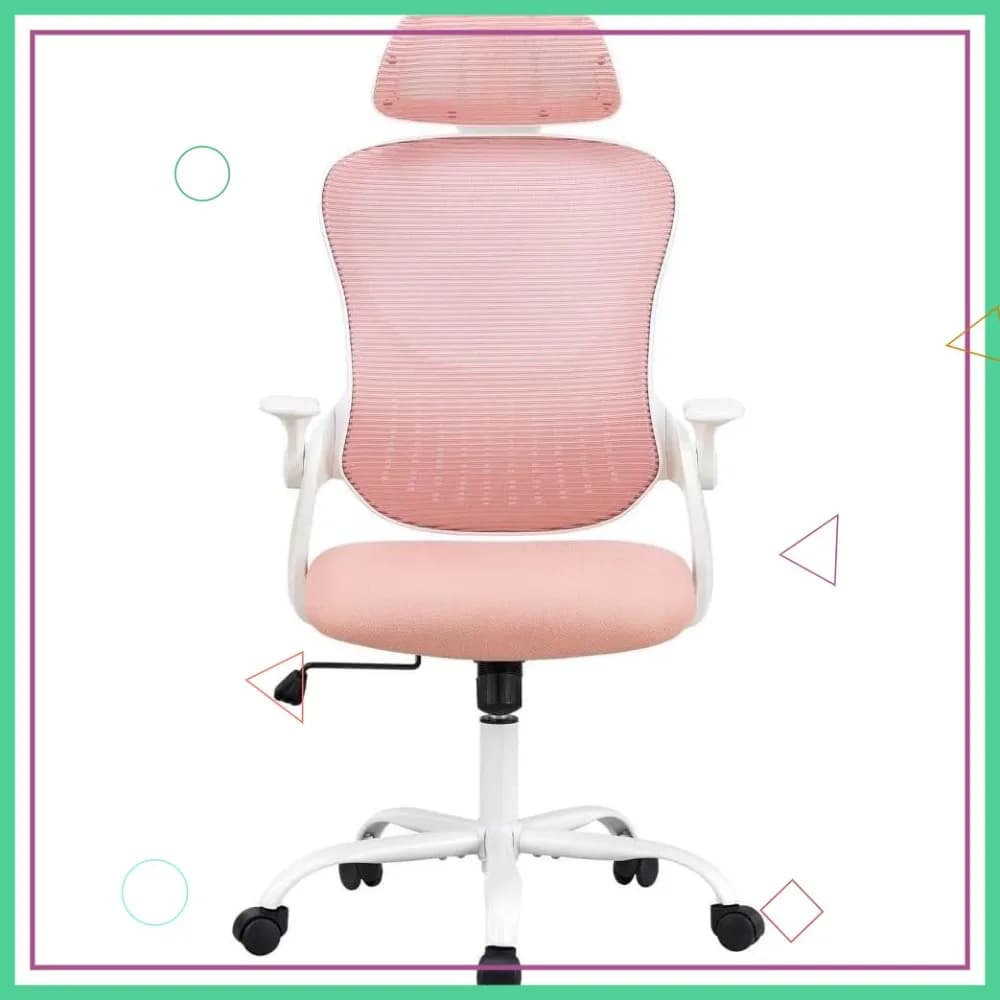 Sedia da ufficio ergonomica con supporto lombare regolabile, braccioli ribaltabili, sedia da lavoro in rete con schienale alto per casa e giochi, rosa