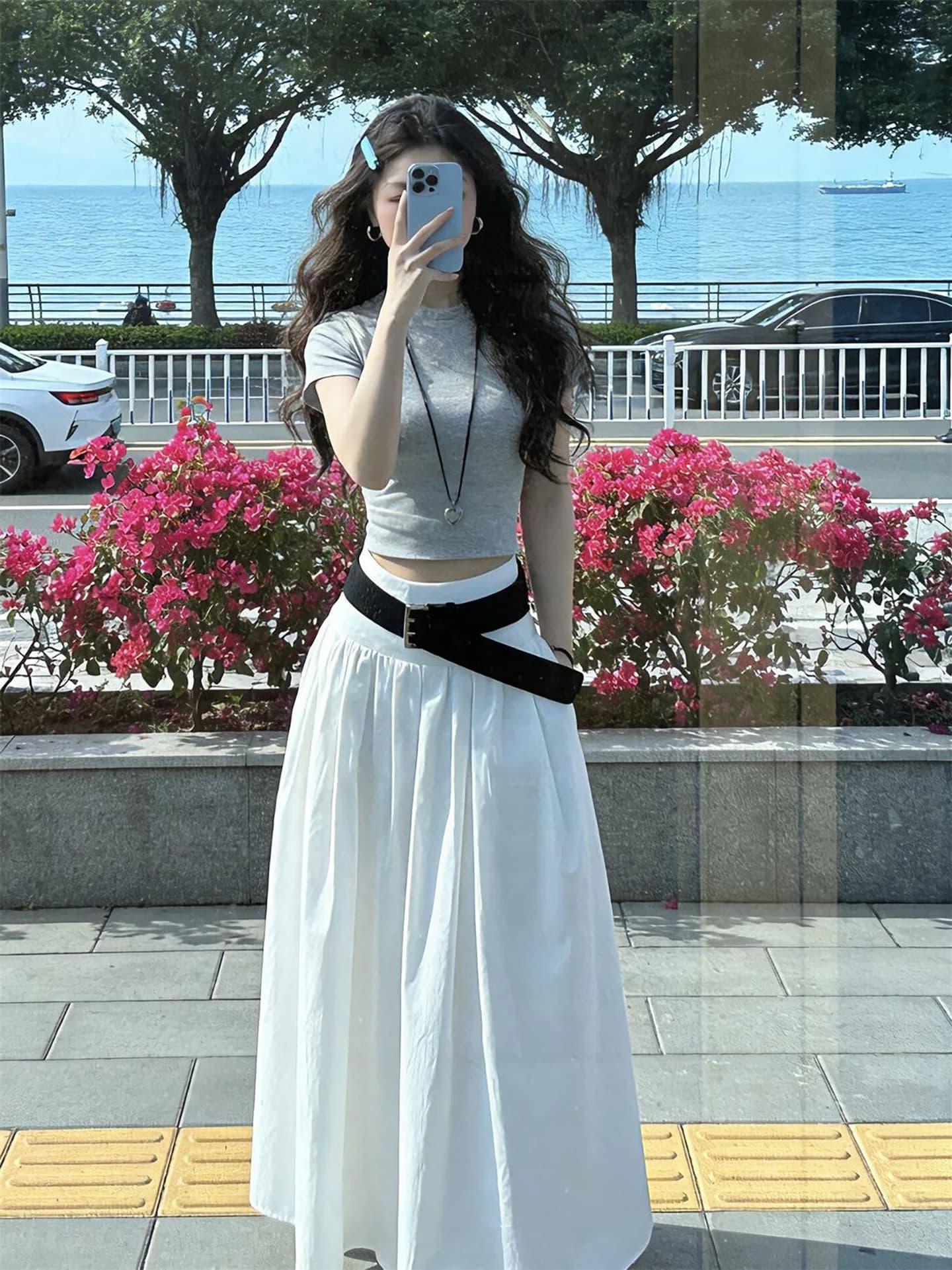 Fashionable Commuter High Waist Long Half Skirt Set with Grey Slim Fit T Shirt Two Piece Suit for Women Summer Casual Wear