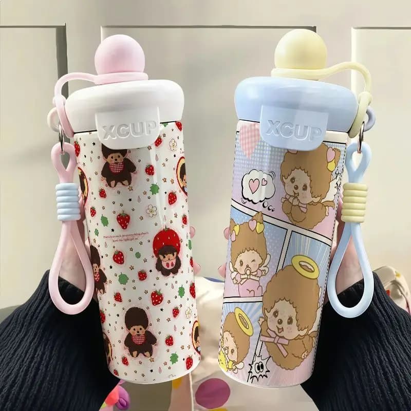 Monchhichi Cute Graffiti Stainless Steel Insulated Cup with Floating Ball Straw Large Capacity Portable Coffee Water Bottle