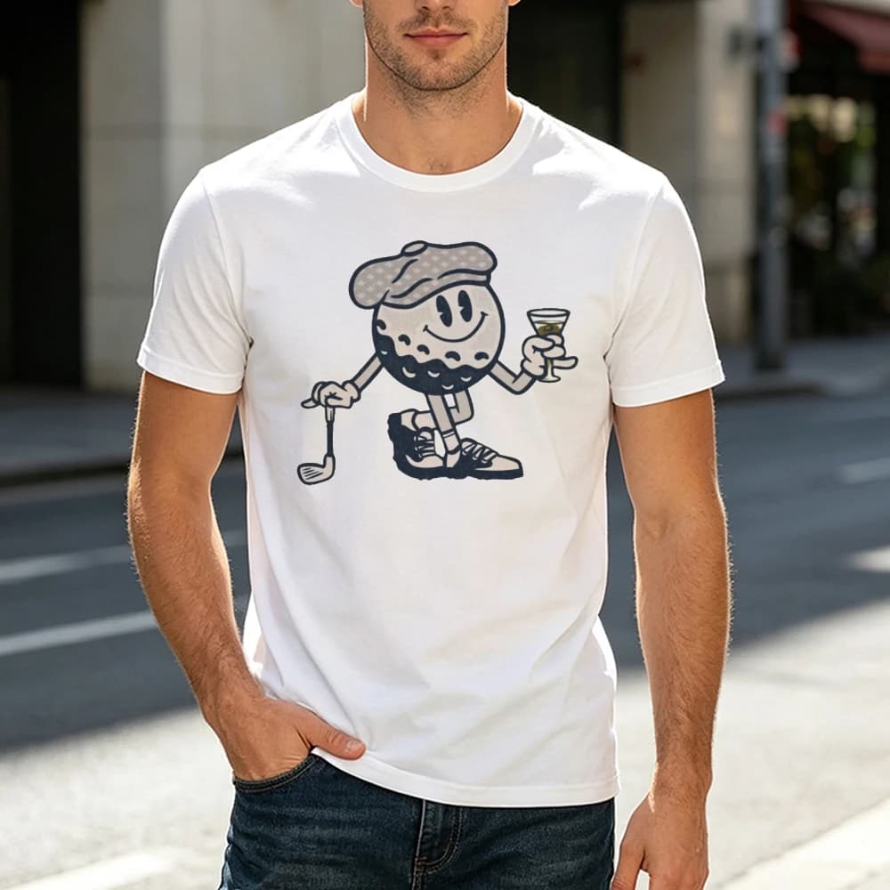 Golf Ball Man Cartoon Drinking Men Funny Golf T Shirt Retro Mascot Illustration Casual Summer Outdoor Golf Course Party Clothes