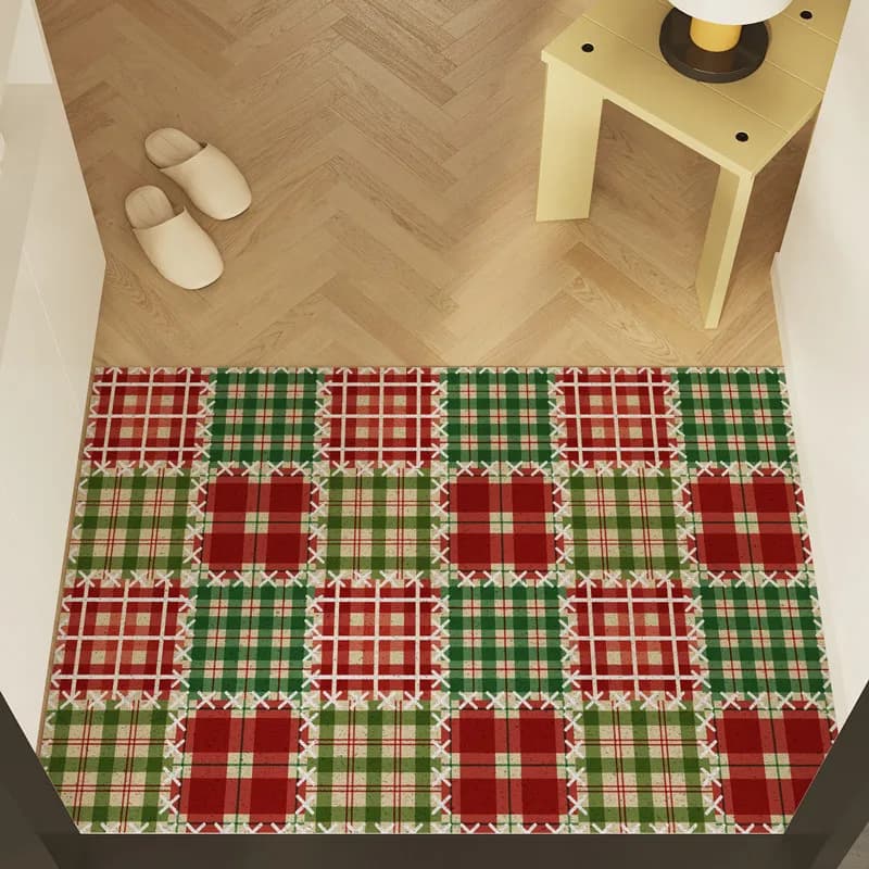 Christmas Plaid Patchwork PVC Doormat Cuttable Anti‑Slip Wear Resistant Entrance Floor Mat Xmas Decor Rug for Front Door Hallway