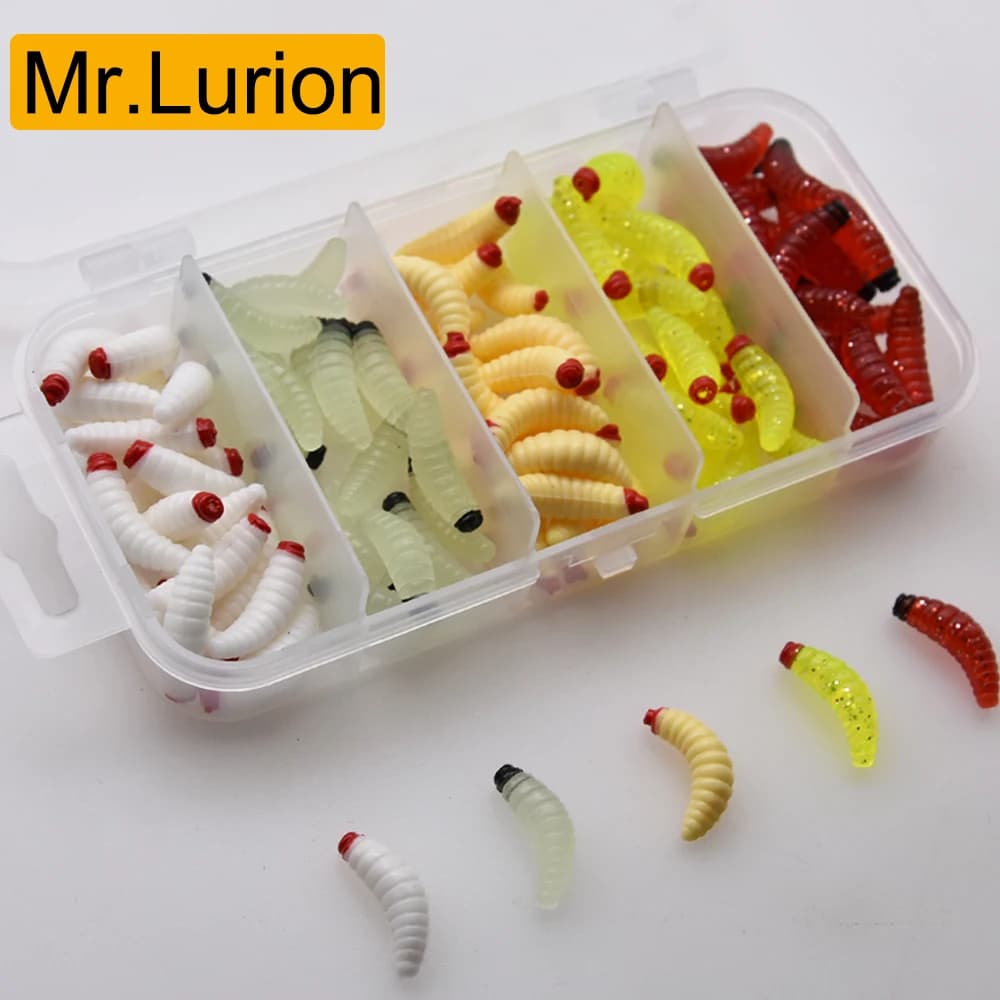 Mrlurion 2 cm 100 pcs a small box recall verme grub bait, soft silice larva bread worm fishing isca trout Polish spigola face