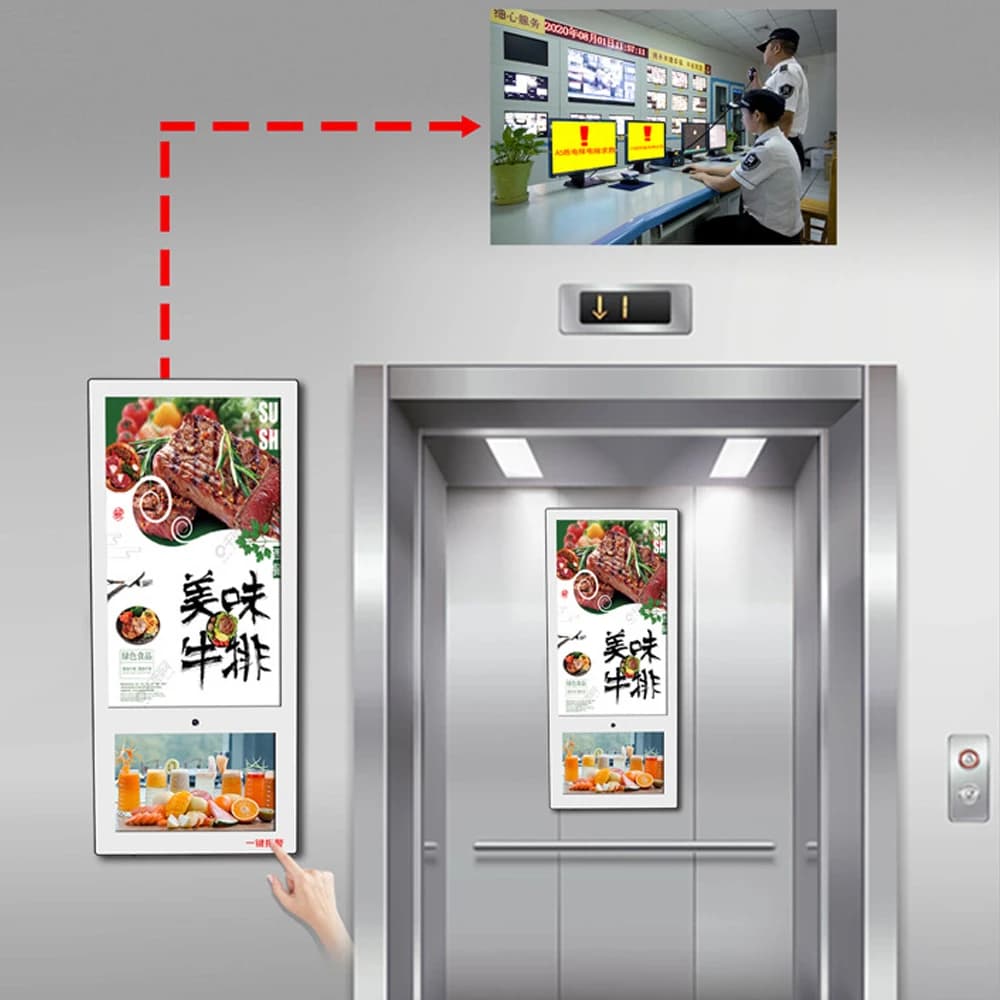 Proiettore pubblicitario per ascensori Modulo 4G Display pubblicitario LCD montato a parete da 21,5 pollici Schermo verticale per ascensore Schermo diviso intelligente