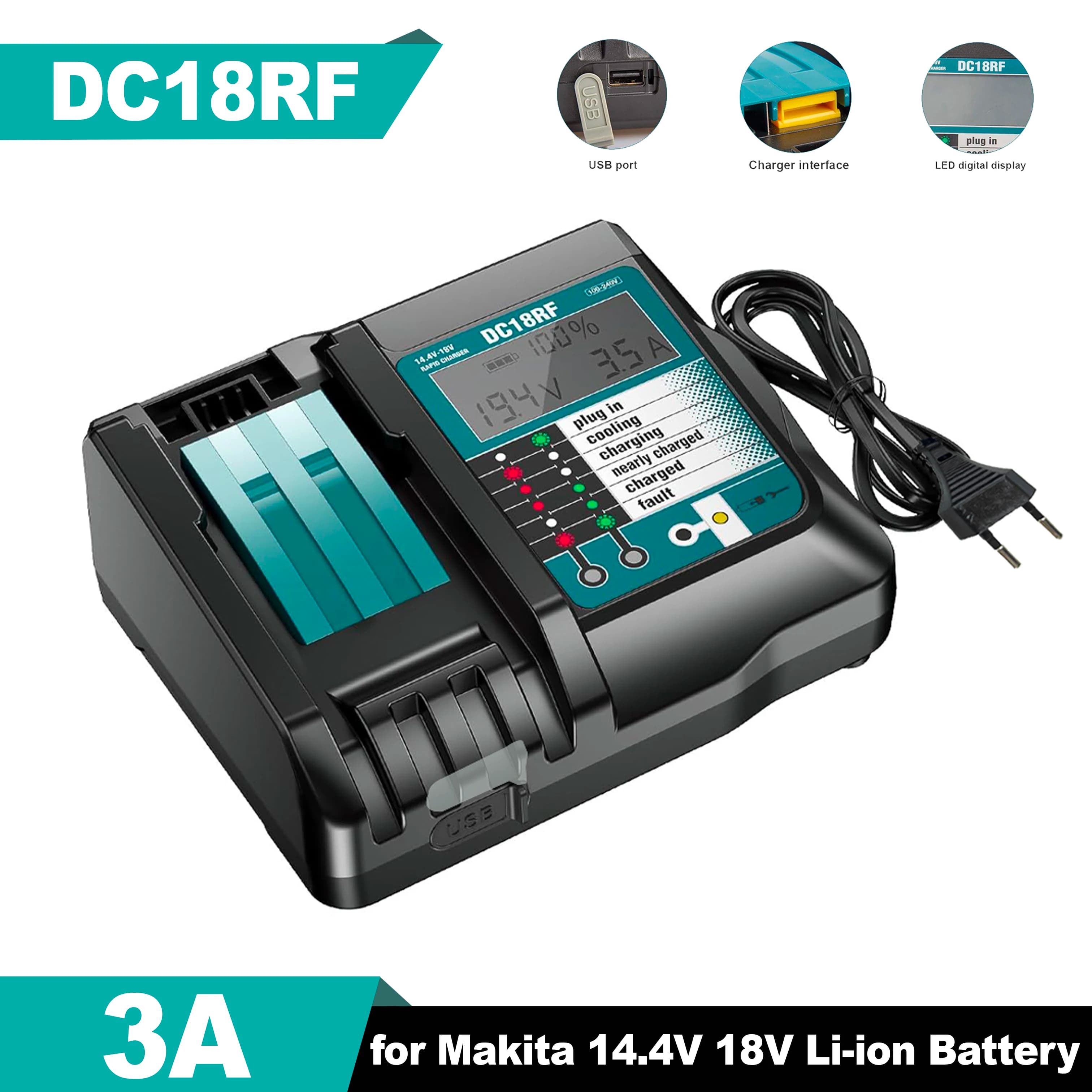 DC18RF Caricabatteria agli ioni di litio 3A Corrente di ricarica per Makita 14.4V 18V BL1830 Bl1430 DC18RC DC18RA Utensile elettrico con USB