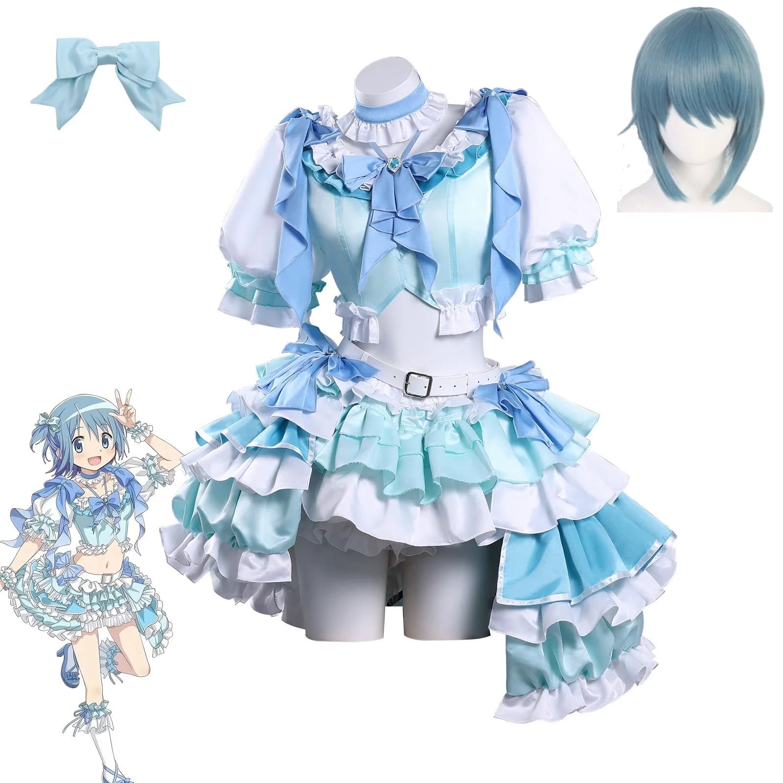 Costume Cosplay di Sayaka Miki da Puella Magi Madoka Magica, Abito Lolita Blu per Performance Magiche, Outfit per Convention Anime e Feste