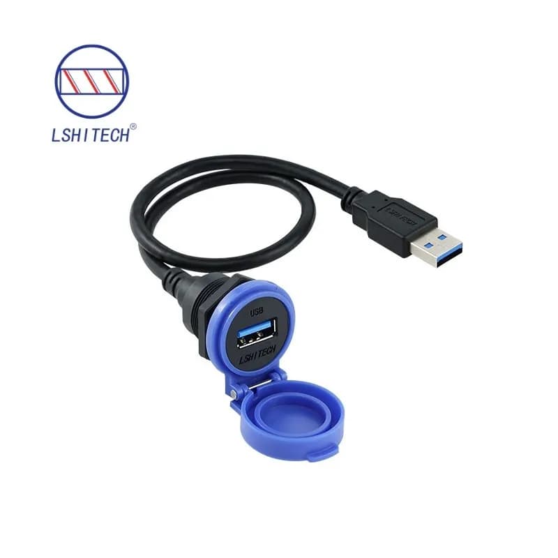 M22.5 USB 3.0 Waterproof Female to Male Extension Cable with Dust Cap & Back Nut, 0.1-4m Industrial Panel Mount Connector