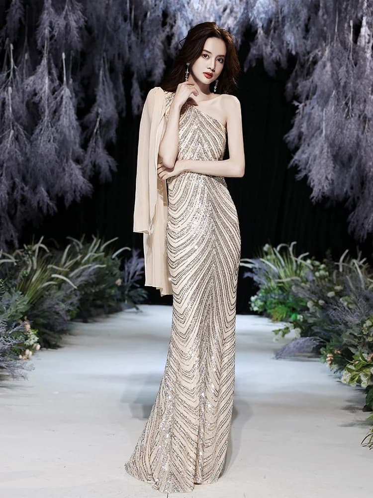 Shiny Sequin Fish Tail Evening Dress Women's Sexy High-End Luxury Heavy Work Banquet Gown Korean Style Zipper Backless Long S...