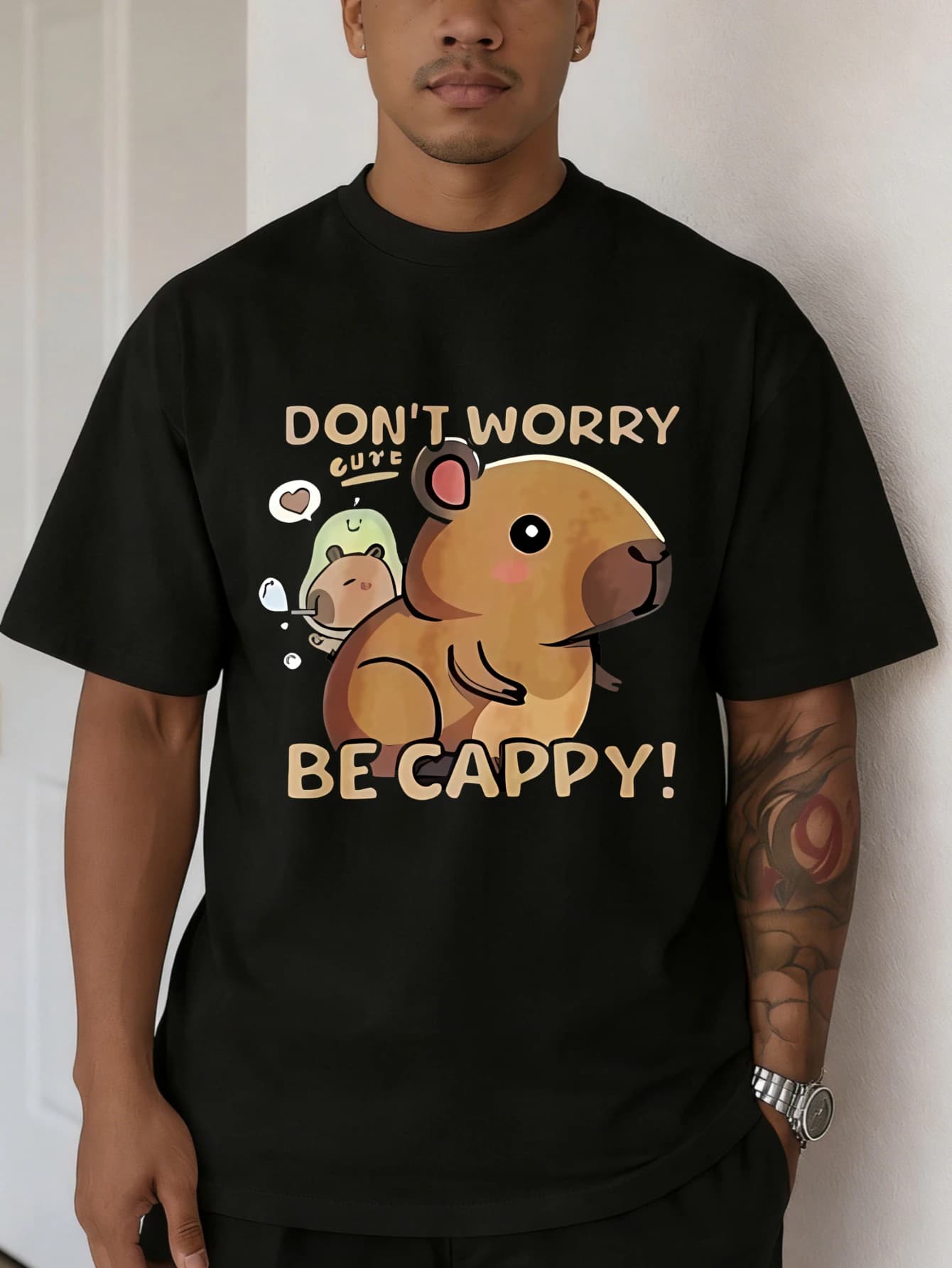 Men's T-shirt in oversize cotton with funny print of capobara, short sleeves, for everyday summer and casual use